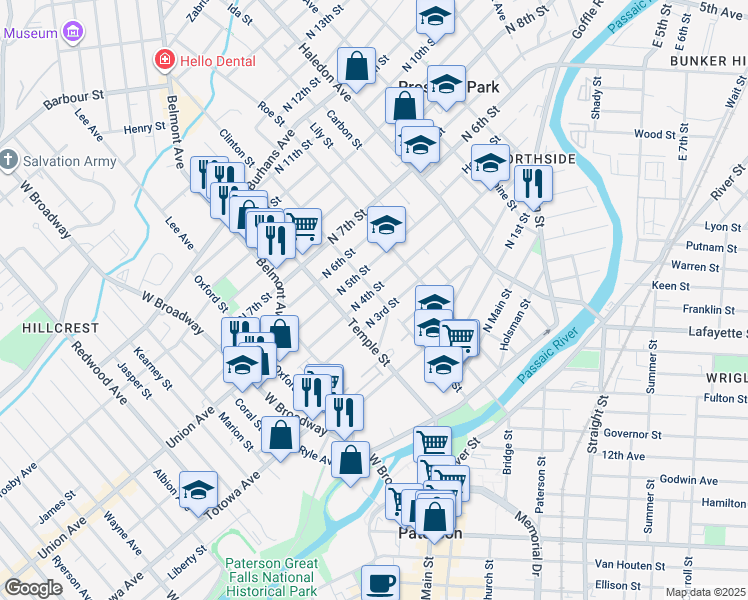 map of restaurants, bars, coffee shops, grocery stores, and more near 68-74 North 3rd Street in Paterson
