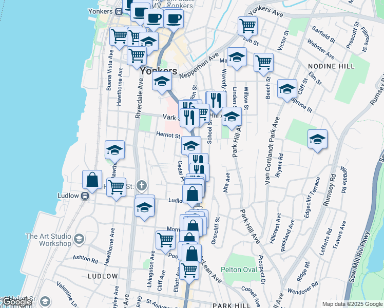 map of restaurants, bars, coffee shops, grocery stores, and more near 213 Broadway in Yonkers