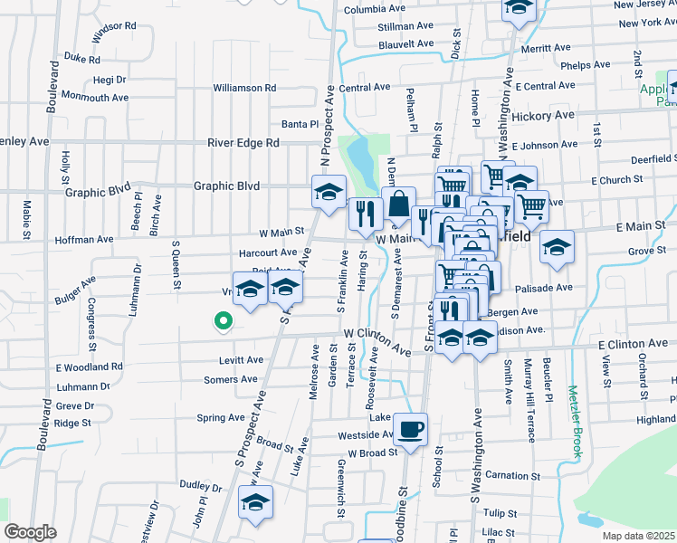 map of restaurants, bars, coffee shops, grocery stores, and more near 19 Sunset Place in Bergenfield