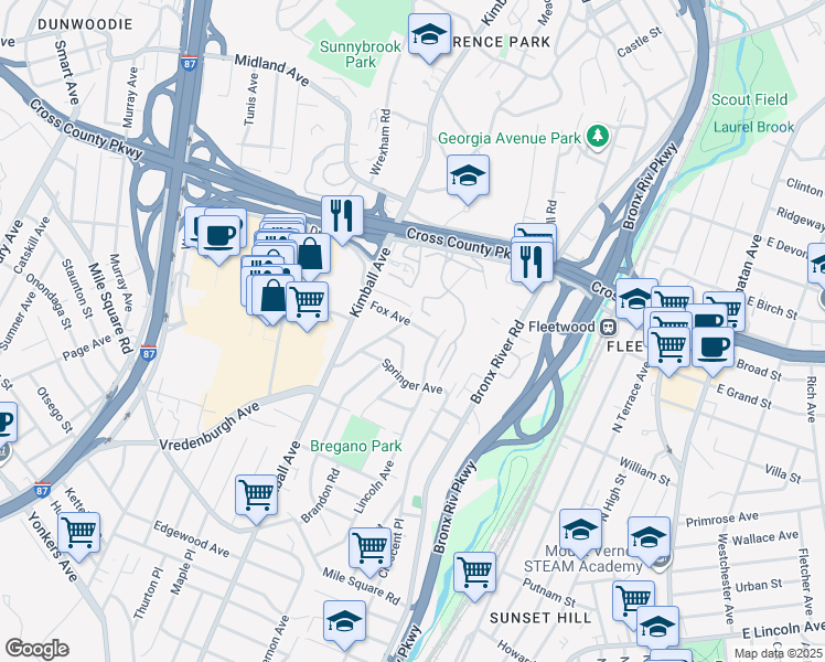 map of restaurants, bars, coffee shops, grocery stores, and more near 25 Springer Avenue in Yonkers