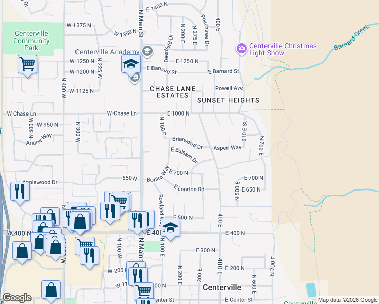 map of restaurants, bars, coffee shops, grocery stores, and more near 243 Balsam Drive in Centerville