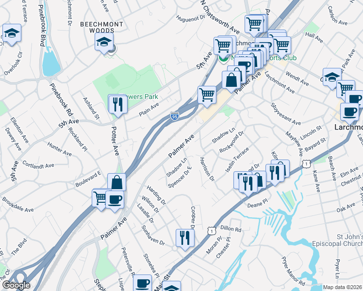 map of restaurants, bars, coffee shops, grocery stores, and more near 15 Spencer Drive in New Rochelle