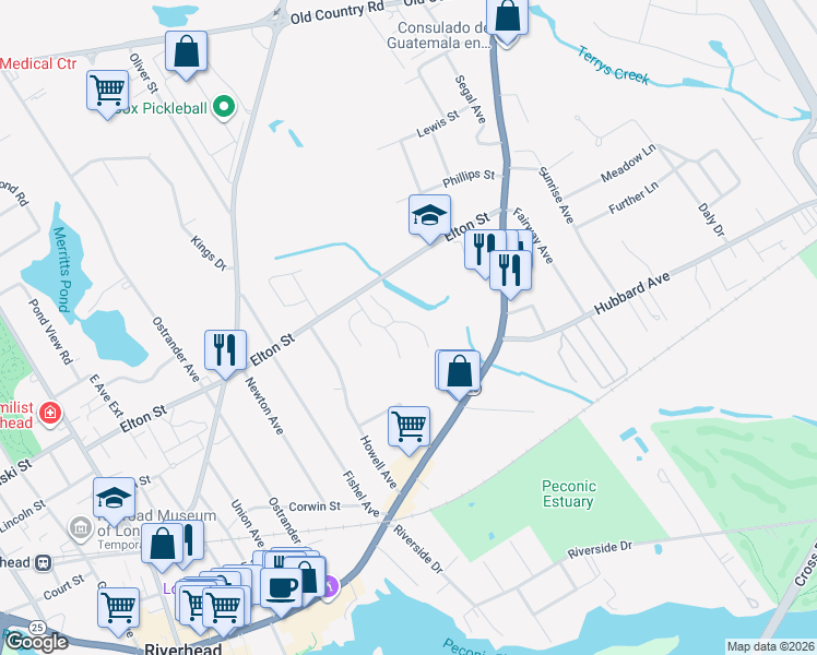 map of restaurants, bars, coffee shops, grocery stores, and more near 37 Blackberry Commons in Riverhead
