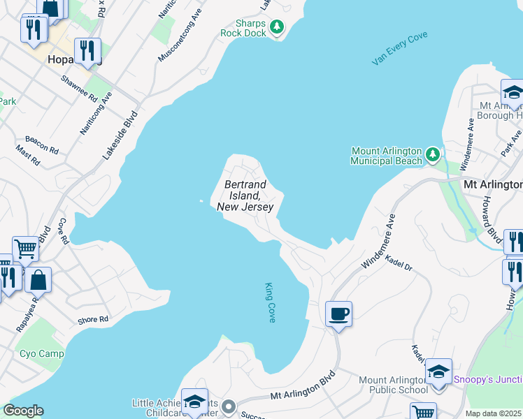 map of restaurants, bars, coffee shops, grocery stores, and more near 37 Catamaran Court in Mount Arlington