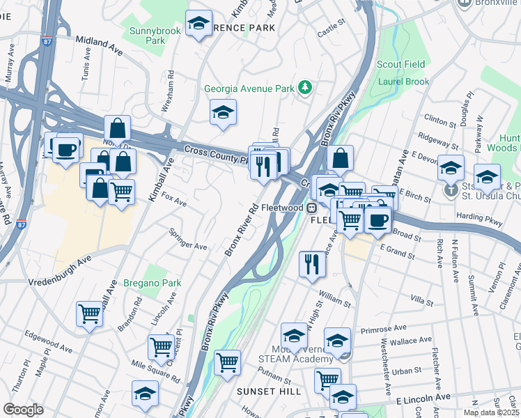 map of restaurants, bars, coffee shops, grocery stores, and more near 800 Bronx River Road in Yonkers