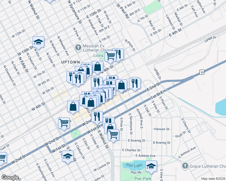 map of restaurants, bars, coffee shops, grocery stores, and more near 104 East 3rd Street in Grand Island