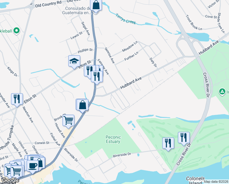 map of restaurants, bars, coffee shops, grocery stores, and more near 37 Hubbard Avenue in Riverhead