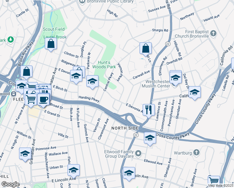 map of restaurants, bars, coffee shops, grocery stores, and more near 257 East Devonia Avenue in Mount Vernon