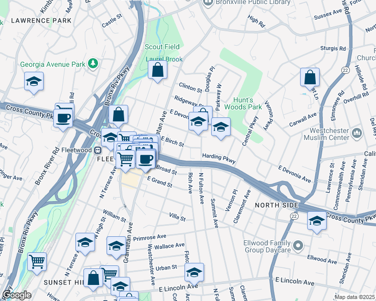map of restaurants, bars, coffee shops, grocery stores, and more near 455 Westchester Avenue in Mount Vernon
