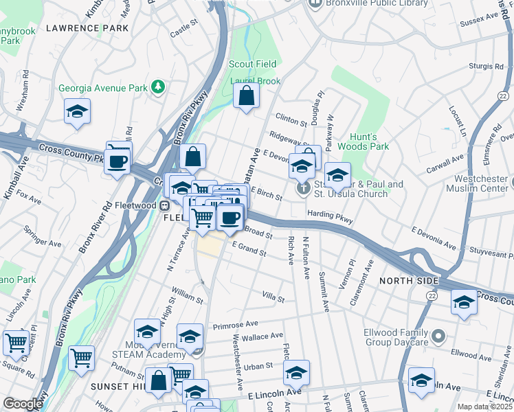 map of restaurants, bars, coffee shops, grocery stores, and more near 25 Broad Street East in Mount Vernon
