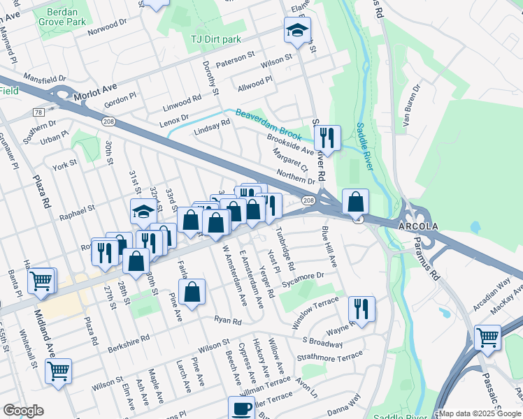 map of restaurants, bars, coffee shops, grocery stores, and more near 38-06 Broadway in Fair Lawn