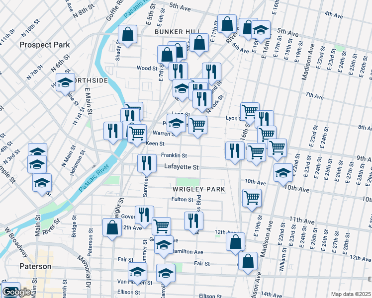 map of restaurants, bars, coffee shops, grocery stores, and more near 124 Franklin Street in Paterson