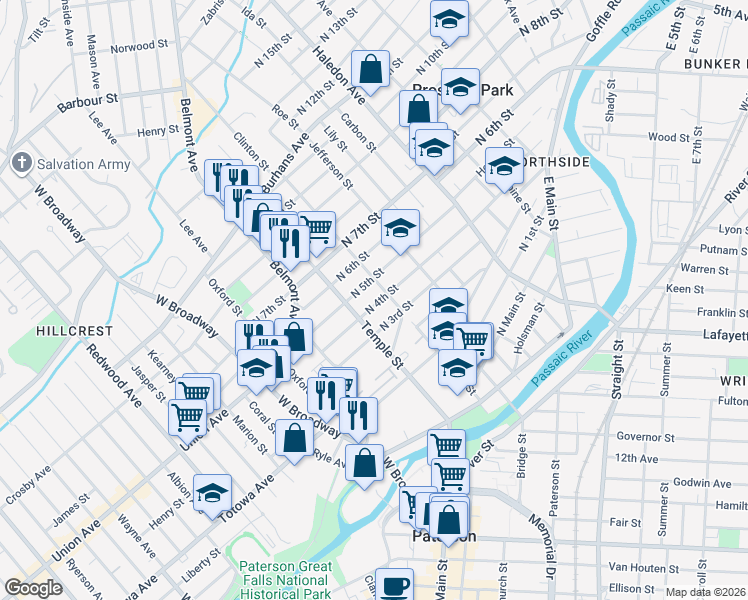 map of restaurants, bars, coffee shops, grocery stores, and more near 50 North 4th Street in Paterson