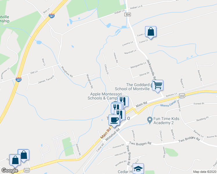 map of restaurants, bars, coffee shops, grocery stores, and more near 25 Waughaw Road in Montville
