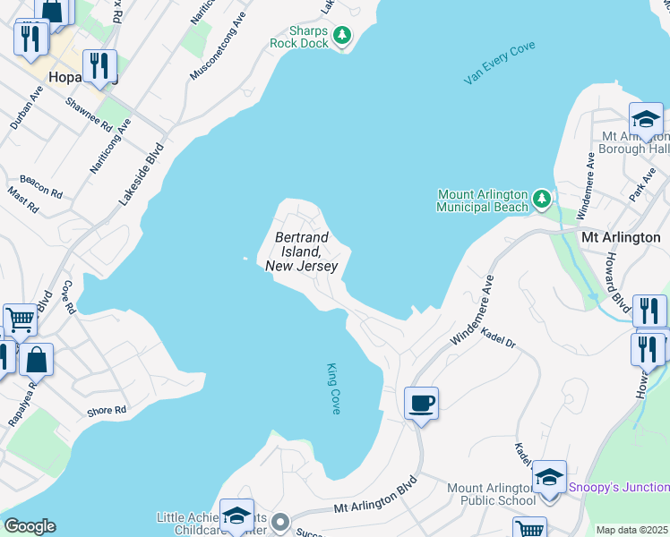 map of restaurants, bars, coffee shops, grocery stores, and more near 49 Catamaran Court in Mount Arlington