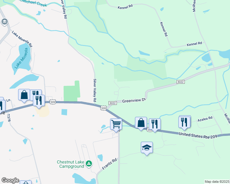map of restaurants, bars, coffee shops, grocery stores, and more near State Route 3022 in Brodheadsville