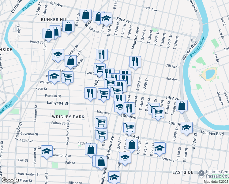 map of restaurants, bars, coffee shops, grocery stores, and more near 440 East 19th Street in Paterson