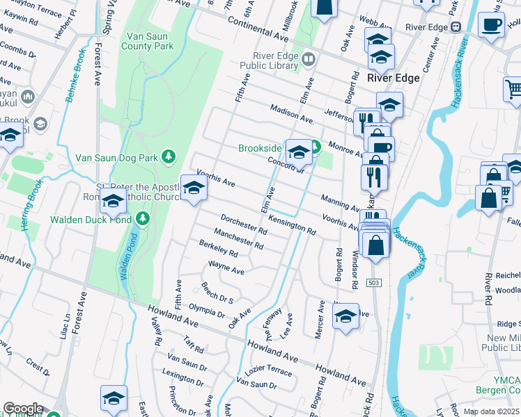 map of restaurants, bars, coffee shops, grocery stores, and more near 445 Elm Avenue in River Edge