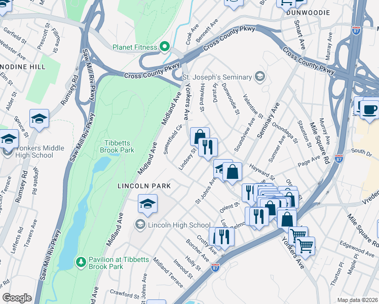 map of restaurants, bars, coffee shops, grocery stores, and more near 35 Lindsey Street in Yonkers