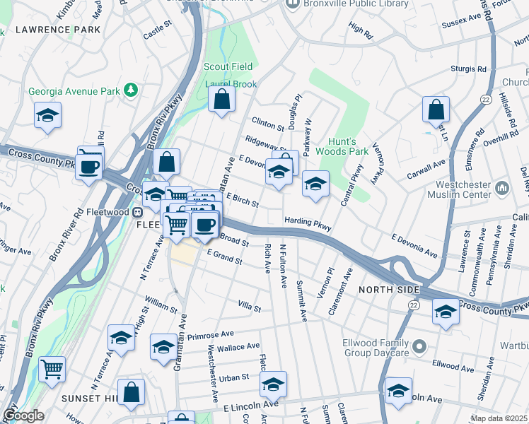 map of restaurants, bars, coffee shops, grocery stores, and more near 455 Westchester Avenue in Mount Vernon