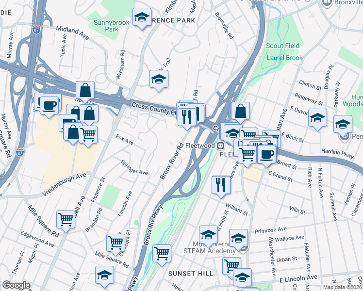map of restaurants, bars, coffee shops, grocery stores, and more near 800 Bronx River Road in Yonkers