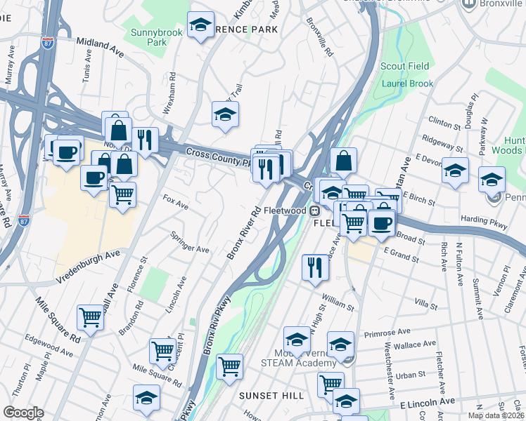 map of restaurants, bars, coffee shops, grocery stores, and more near 808 Bronx River Road in Bronxville