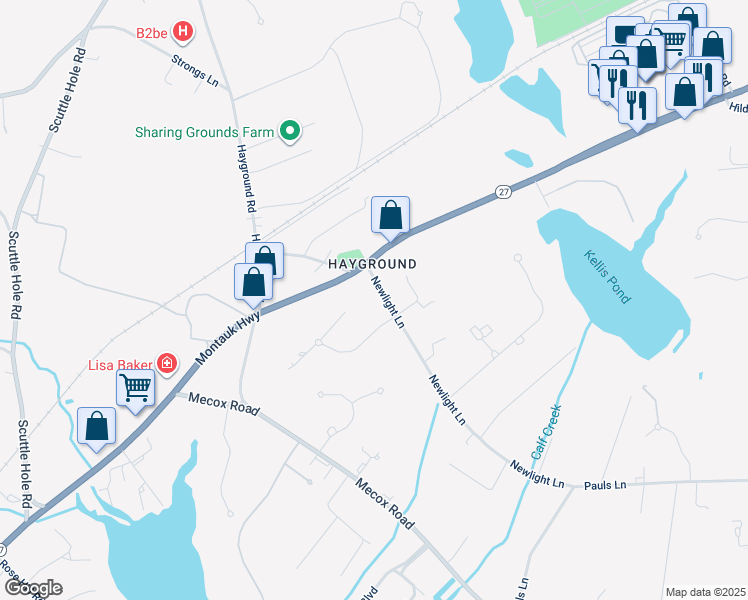 map of restaurants, bars, coffee shops, grocery stores, and more near 40 Newlight Lane in Water Mill