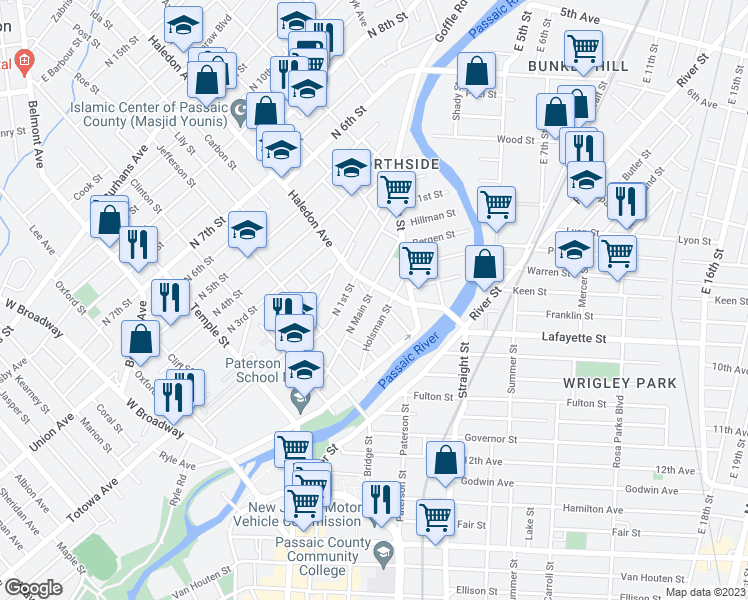 map of restaurants, bars, coffee shops, grocery stores, and more near 150 North Main Street in Paterson