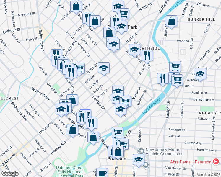 map of restaurants, bars, coffee shops, grocery stores, and more near 121 North 3rd Street in Paterson
