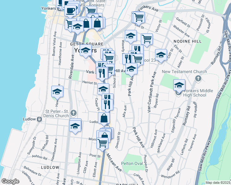 map of restaurants, bars, coffee shops, grocery stores, and more near 30 Herriot Place in Yonkers