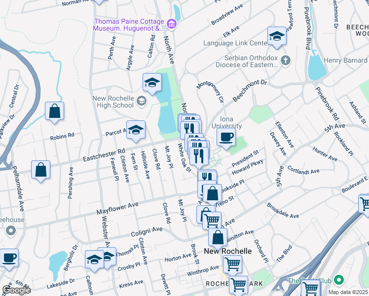 map of restaurants, bars, coffee shops, grocery stores, and more near 2 Eastchester Road in New Rochelle