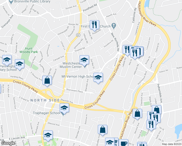 map of restaurants, bars, coffee shops, grocery stores, and more near 24 Del Rey Drive in Mount Vernon