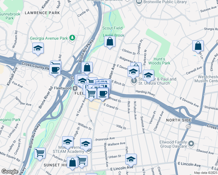 map of restaurants, bars, coffee shops, grocery stores, and more near 12 East Birch Street in Mount Vernon