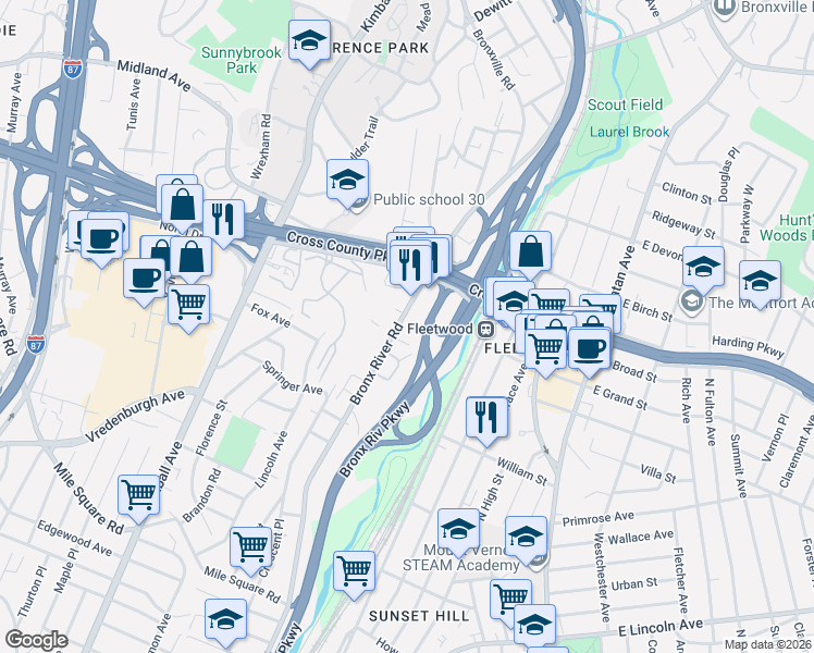 map of restaurants, bars, coffee shops, grocery stores, and more near 829 Bronx River Road in Yonkers