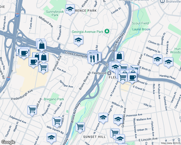 map of restaurants, bars, coffee shops, grocery stores, and more near 829 Bronx River Road in Yonkers