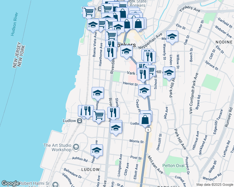 map of restaurants, bars, coffee shops, grocery stores, and more near 150 Riverdale Avenue in Yonkers
