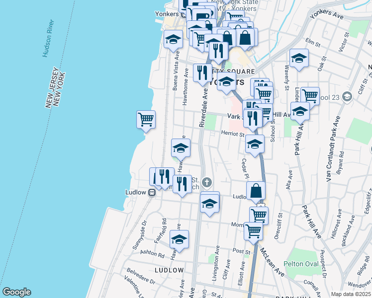 map of restaurants, bars, coffee shops, grocery stores, and more near 156 Hawthorne Avenue in Yonkers