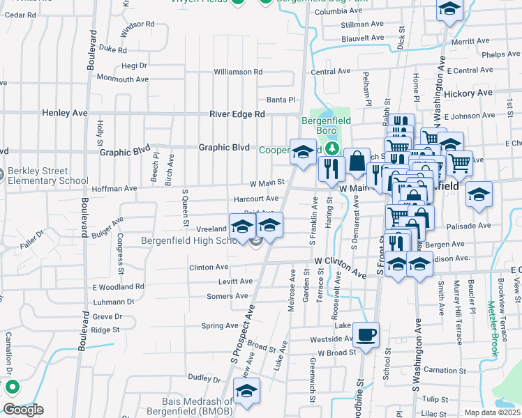 map of restaurants, bars, coffee shops, grocery stores, and more near 41 Harcourt Avenue in Bergenfield