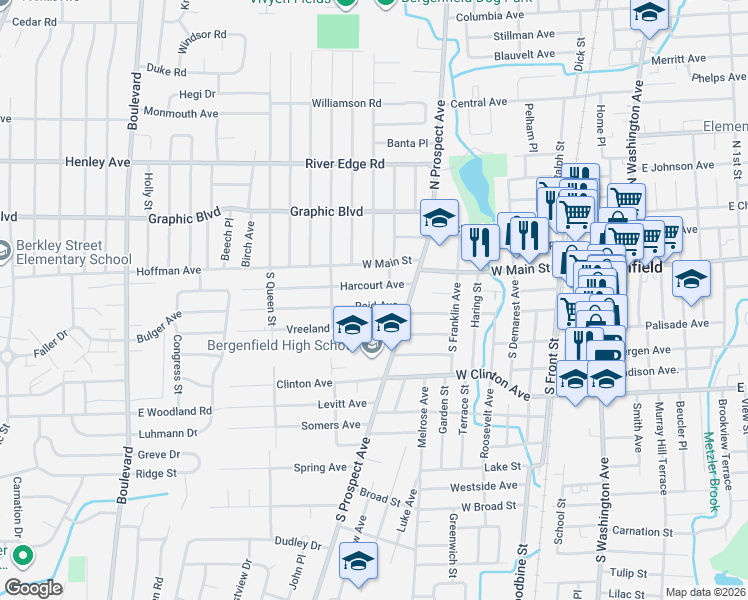 map of restaurants, bars, coffee shops, grocery stores, and more near 41 Harcourt Avenue in Bergenfield