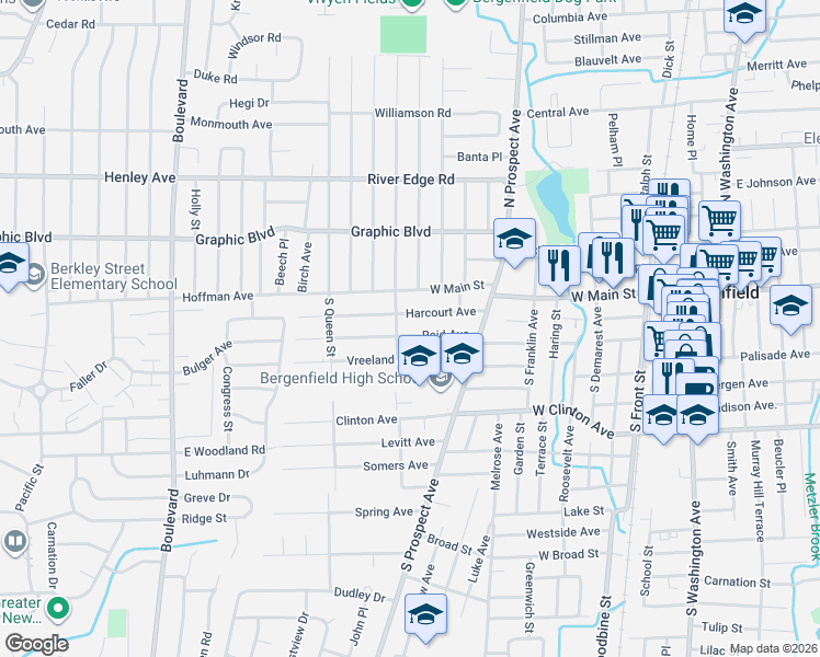 map of restaurants, bars, coffee shops, grocery stores, and more near 17 South Vivyen Street in Bergenfield