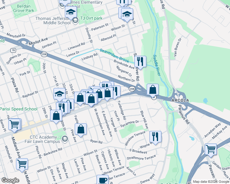 map of restaurants, bars, coffee shops, grocery stores, and more near 3809 Dobrin Court in Fair Lawn