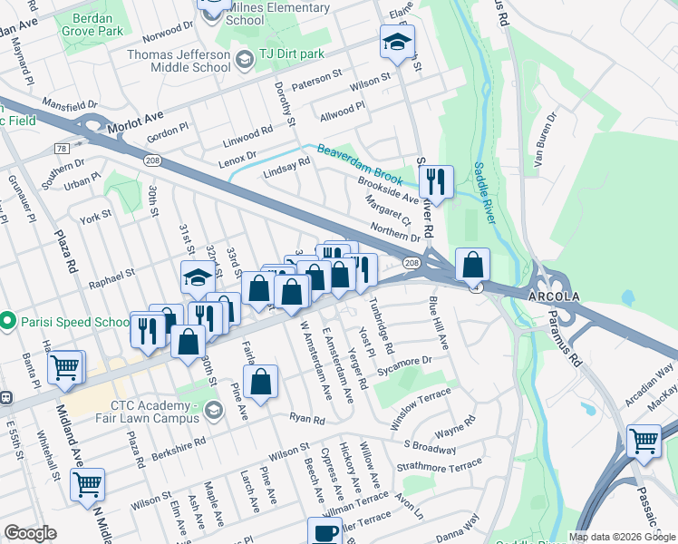 map of restaurants, bars, coffee shops, grocery stores, and more near 1-45 37th Street in Fair Lawn