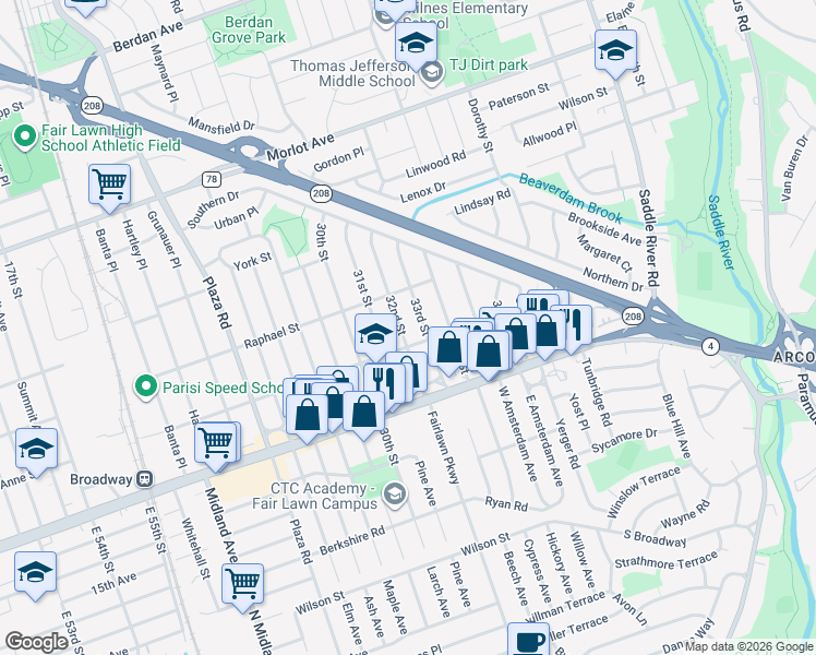 map of restaurants, bars, coffee shops, grocery stores, and more near 229 33rd Street in Fair Lawn