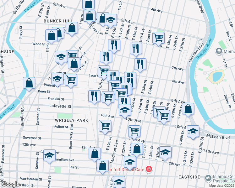 map of restaurants, bars, coffee shops, grocery stores, and more near 363 East 18th Street in Paterson