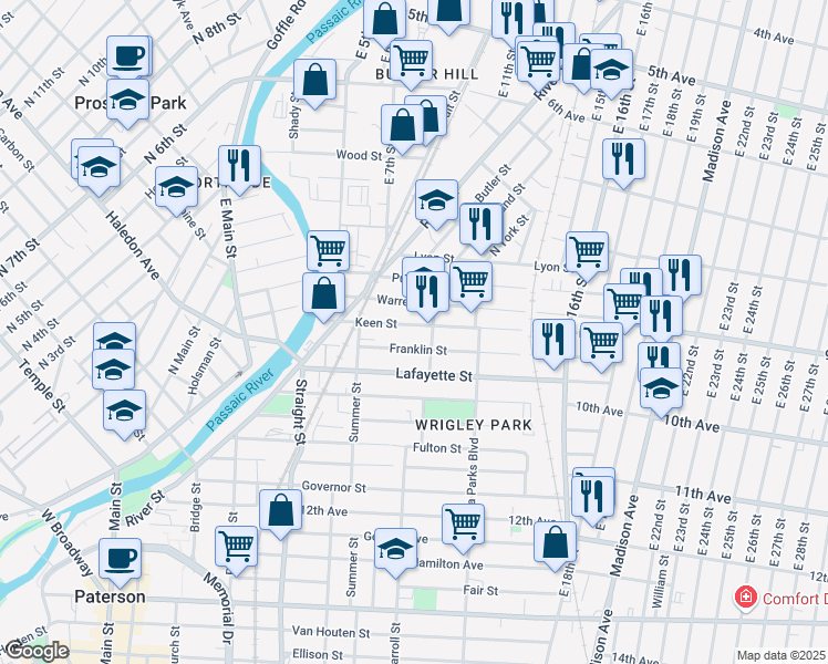 map of restaurants, bars, coffee shops, grocery stores, and more near 68 Warren Street in Paterson