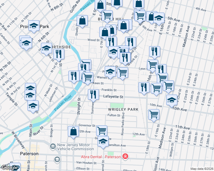 map of restaurants, bars, coffee shops, grocery stores, and more near 68 Warren Street in Paterson