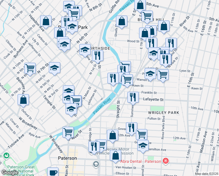 map of restaurants, bars, coffee shops, grocery stores, and more near 44 Watson Street in Paterson