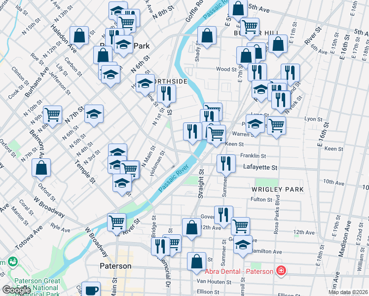 map of restaurants, bars, coffee shops, grocery stores, and more near 44 Watson Street in Paterson