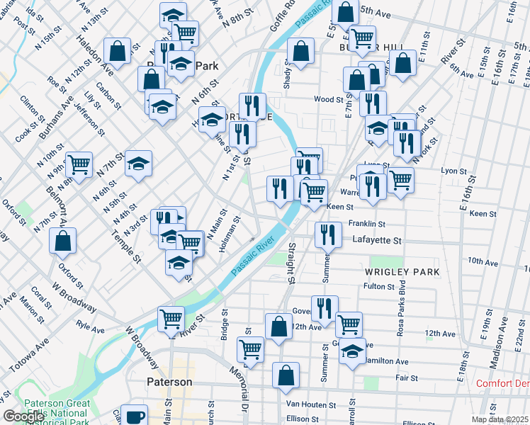 map of restaurants, bars, coffee shops, grocery stores, and more near 44 Watson Street in Paterson