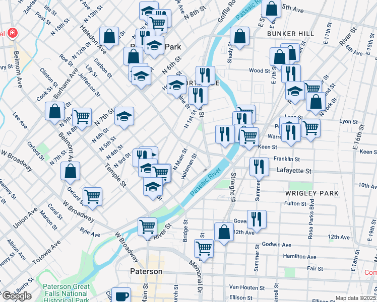 map of restaurants, bars, coffee shops, grocery stores, and more near 150 North Main Street in Paterson